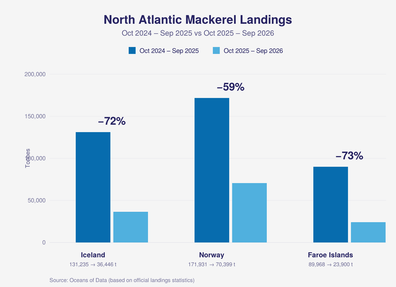 Bar chart of North Atlantic mackerel landings, Oct 2024–Sep 2025 vs Oct 2025–Sep 2026: Iceland down 72% to 36,446 t, Norway down 59% to 70,399 t, Faroe Islands down 73% to 23,900 t